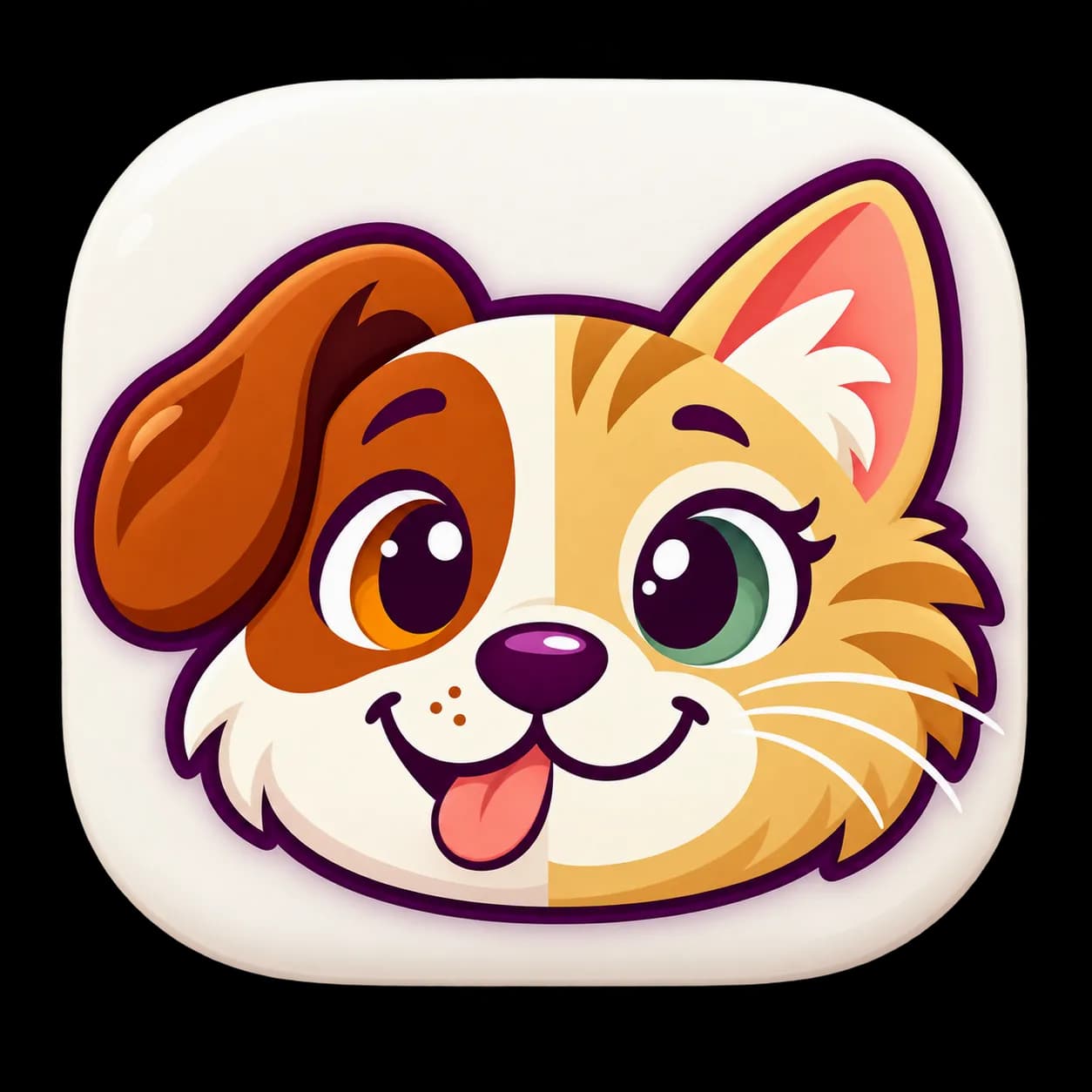 PetView app icon: a smiling face that is half dog, half cat, on a cream rounded square.