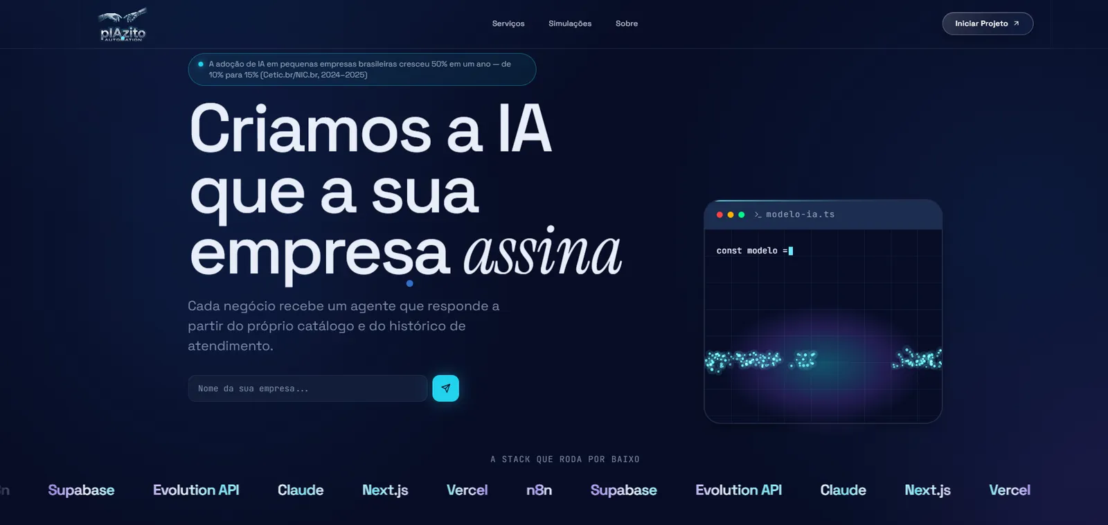 The full first screen of the pIAzito Automation website, with the list of tools at the bottom.