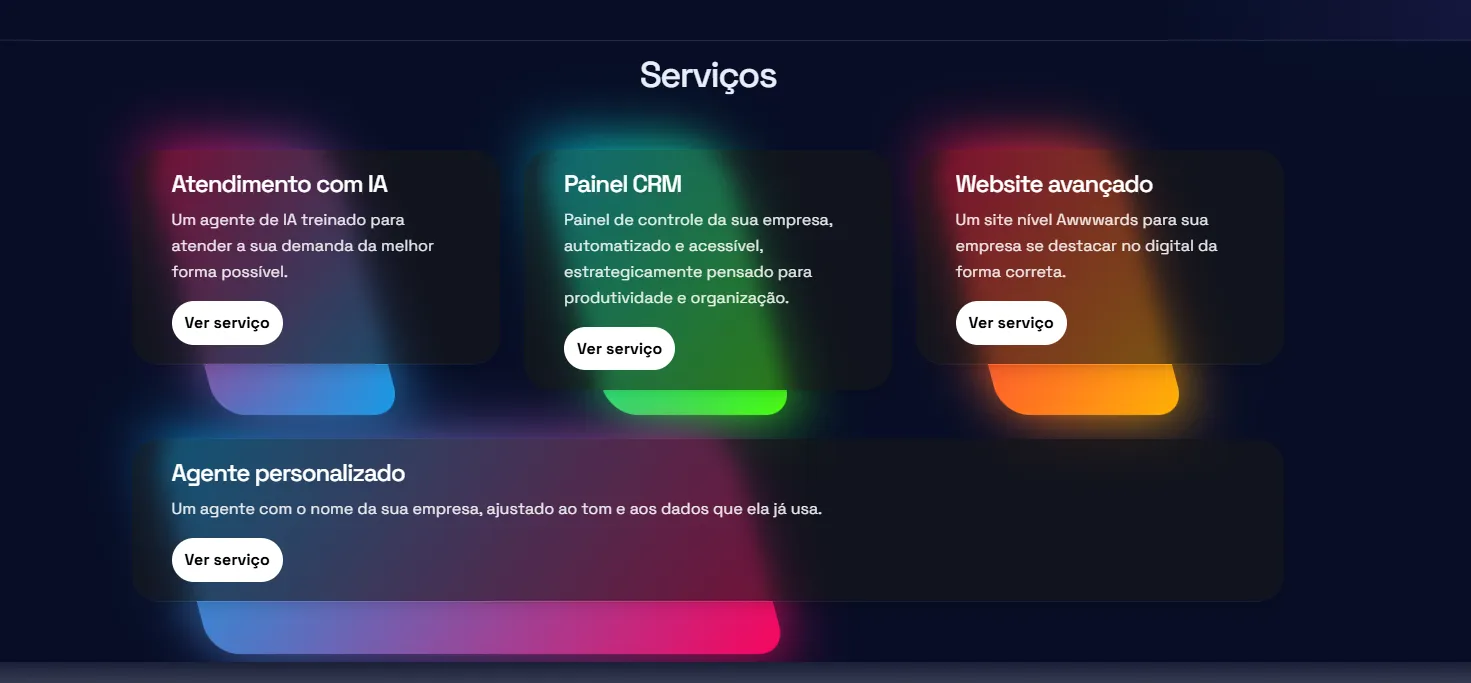 The services section with four cards, each lit by a different colored glow.