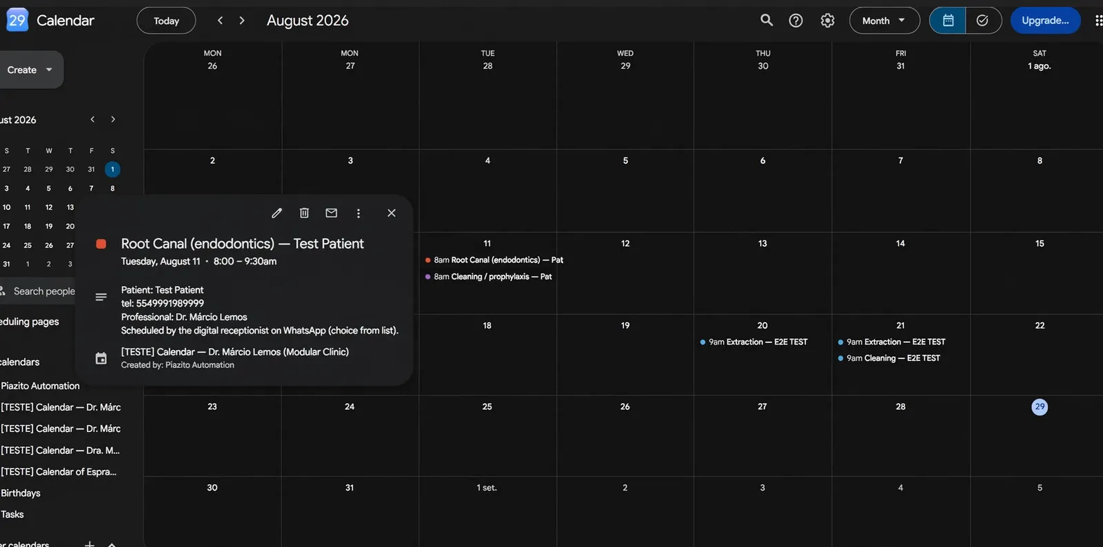 Google Calendar with the appointment created by the agent, including patient, professional and procedure.