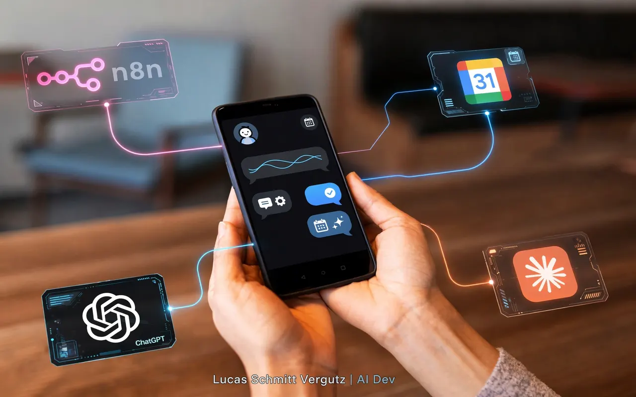 Hands holding a phone with a chat open, connected by light lines to n8n, Google Calendar, ChatGPT and Claude panels.