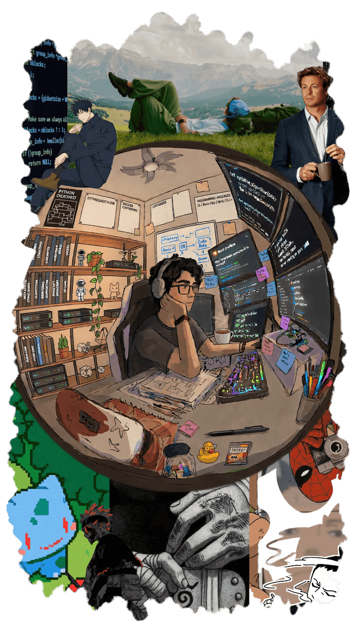 Lucas's collage: his desk, screens, mountains, and the characters he keeps around