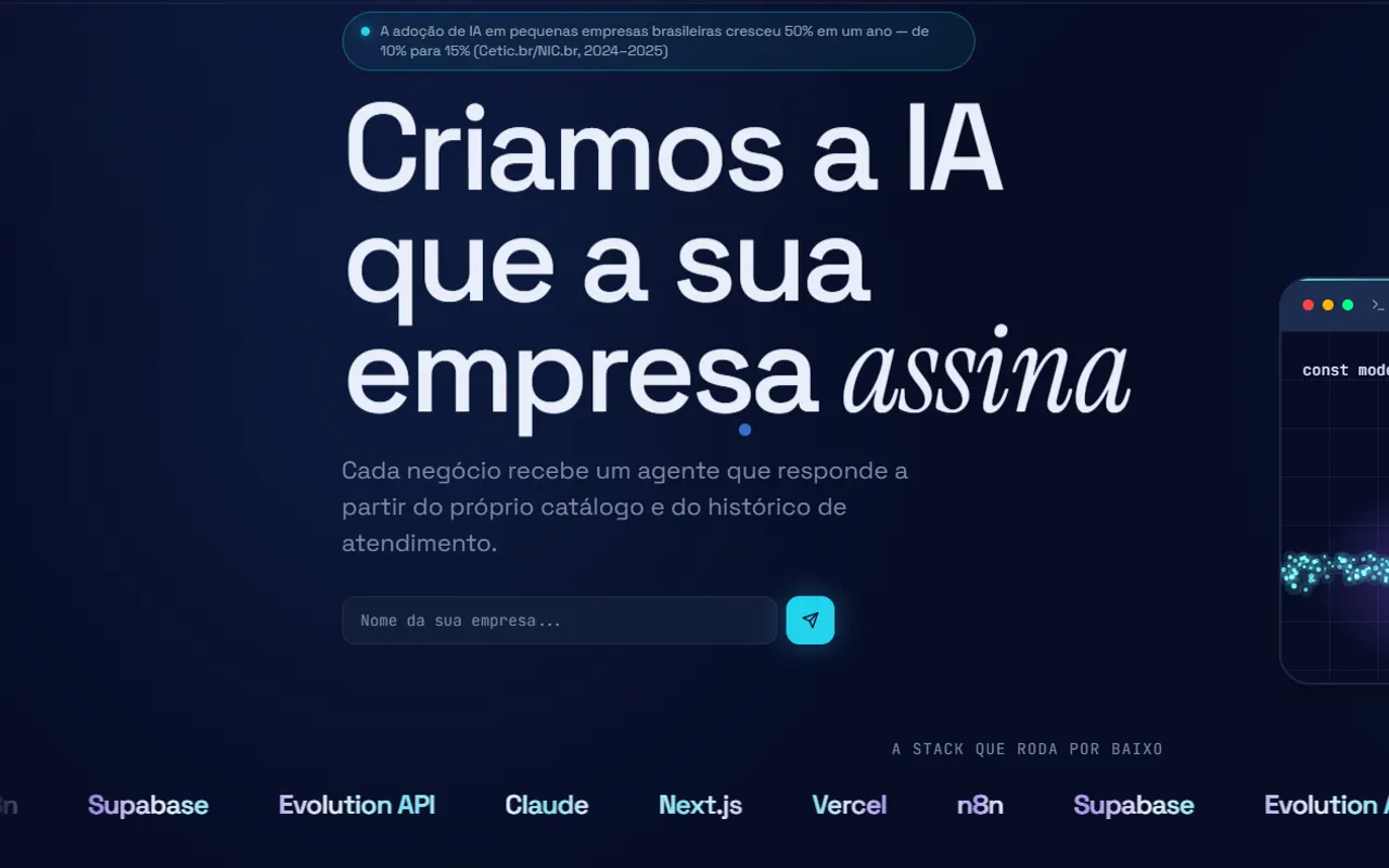 Home of the pIAzito Automation website, with the headline in Portuguese and a small code terminal.