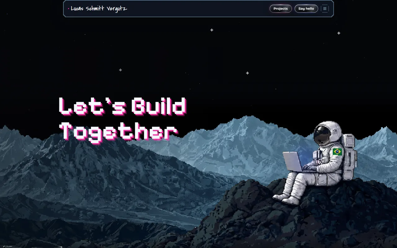 The opening screen of this portfolio: a pixel-art astronaut at a laptop on icy mountains under the title Let's Build Together.