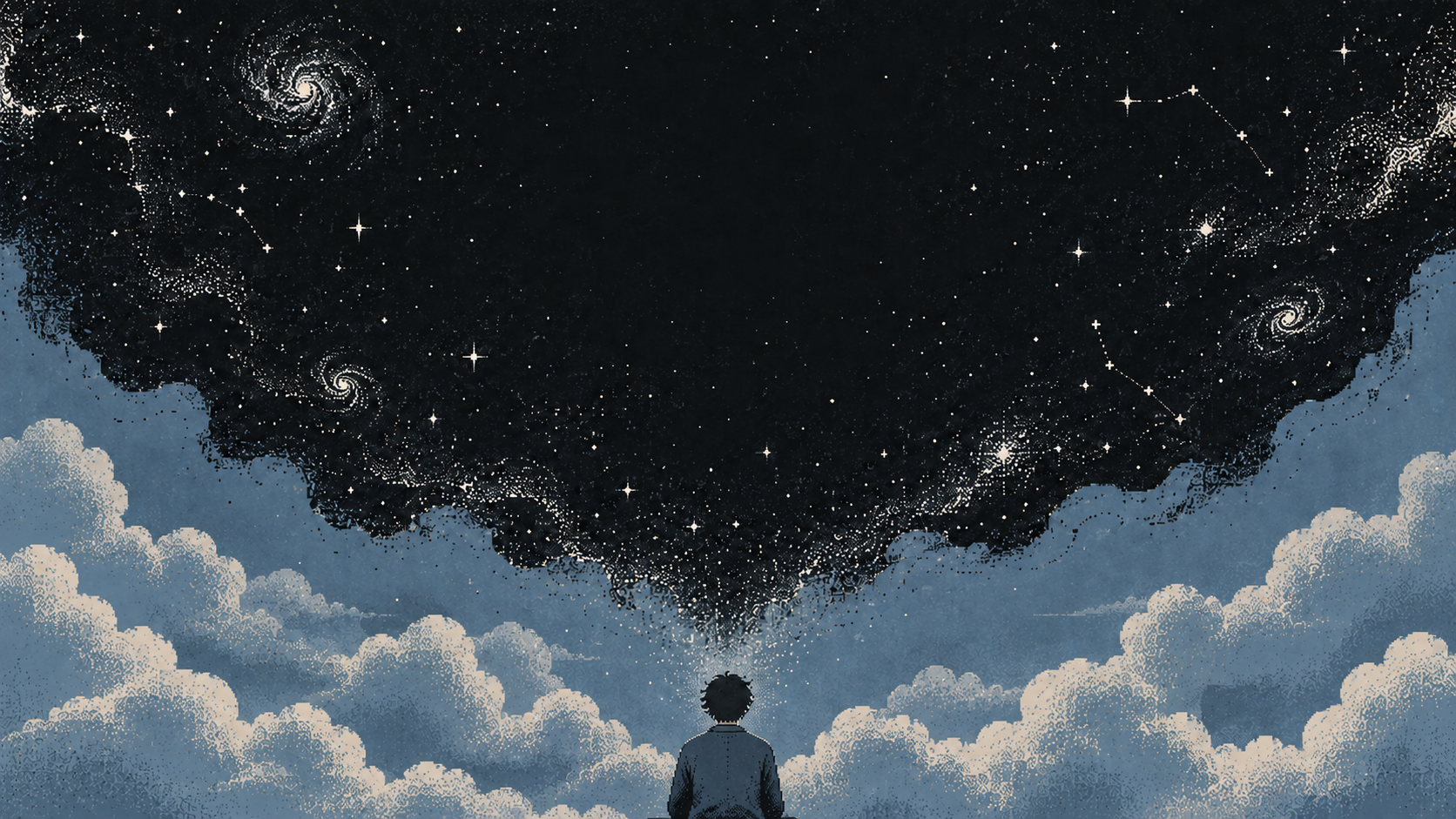 A boy watches constellations and galaxies above a sea of clouds