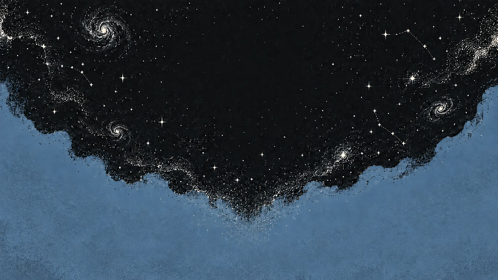 A boy sits above a sea of clouds, watching a galaxy full of constellations